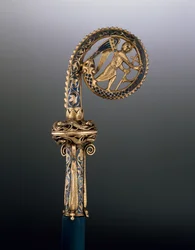 Głowa pastorału przedstawiająca św. Michała tratującego węża, ok. 1225-50 (pozłacana miedź i emalia champleve)